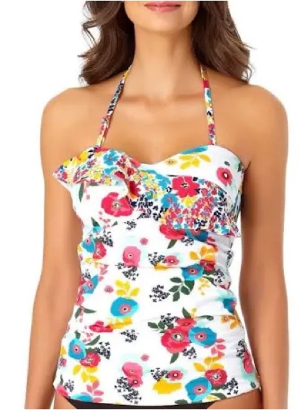 Liz Claiborne White Floral Ruffle Halter Tankini Top